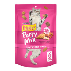 Purina Friskies Party Mix California Crunch poulet, friandise légère et croustillante pour chats actifs.