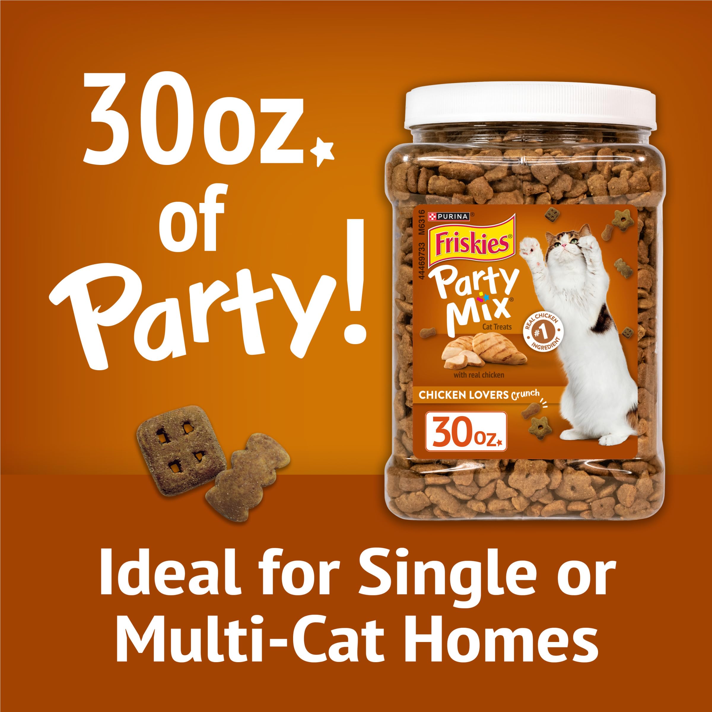 Friskies Party Mix Chicken Lovers Crunch, calories faibles, collation légère pour chats.