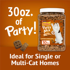 Friskies Party Mix Chicken Lovers Crunch, calories faibles, collation légère pour chats.