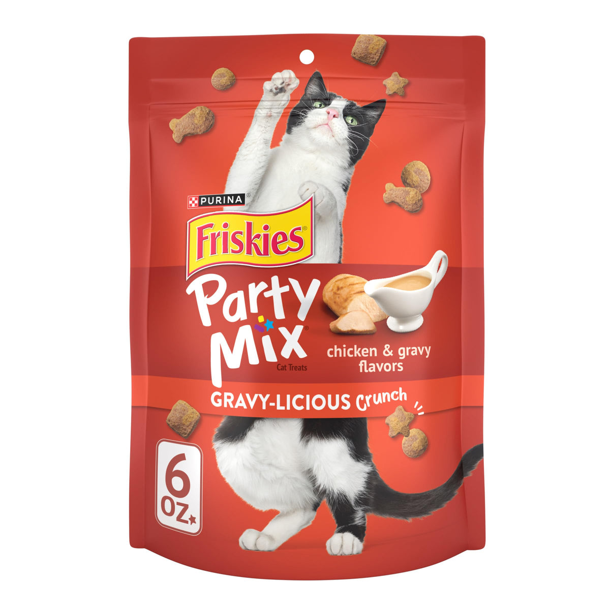 Friskies Party Mix Gravylicious au poulet – sachet, goût riche et sauce savoureuse.