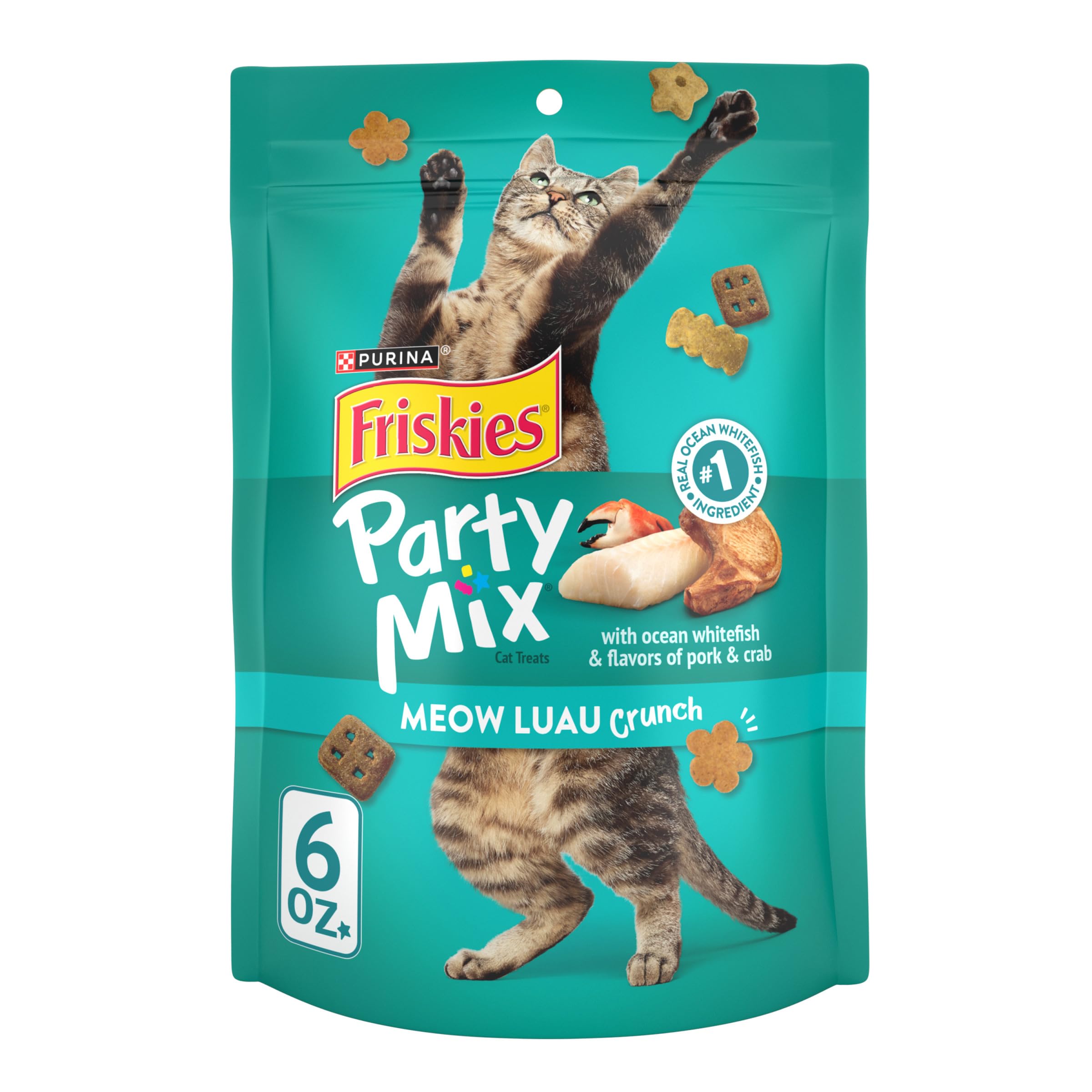 Friandises Friskies Party Mix Meow Luau Crunch, bouchées croustillantes aidant à nettoyer les dents.