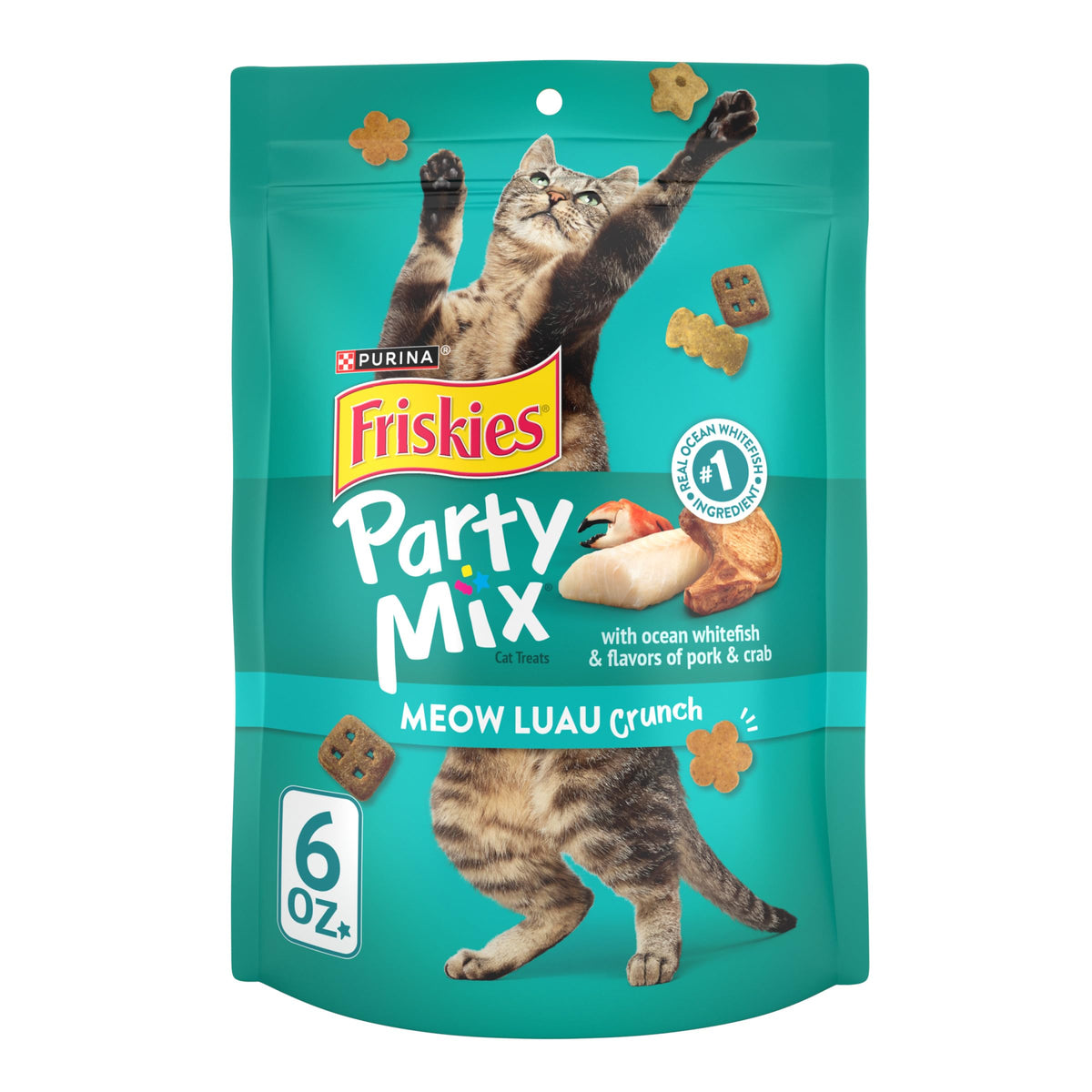 Friandises Friskies Party Mix Meow Luau Crunch, bouchées croustillantes aidant à nettoyer les dents.