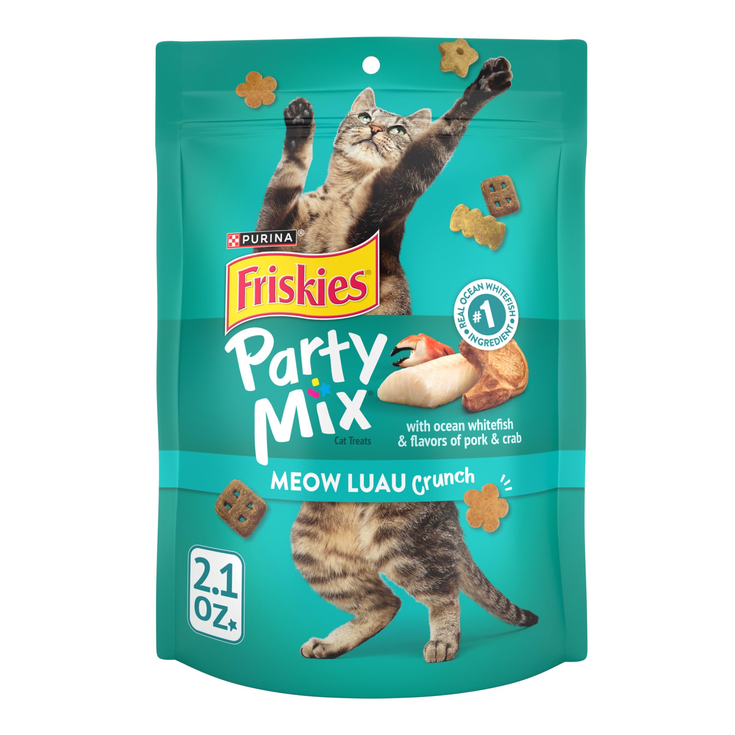 Friskies Party Mix Meow Luau Crunch – paquet : friandises croquantes faciles à saisir pour récompenser votre chat.