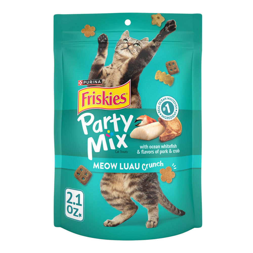Friskies Party Mix Meow Luau Crunch – paquet : friandises croquantes faciles à saisir pour récompenser votre chat.