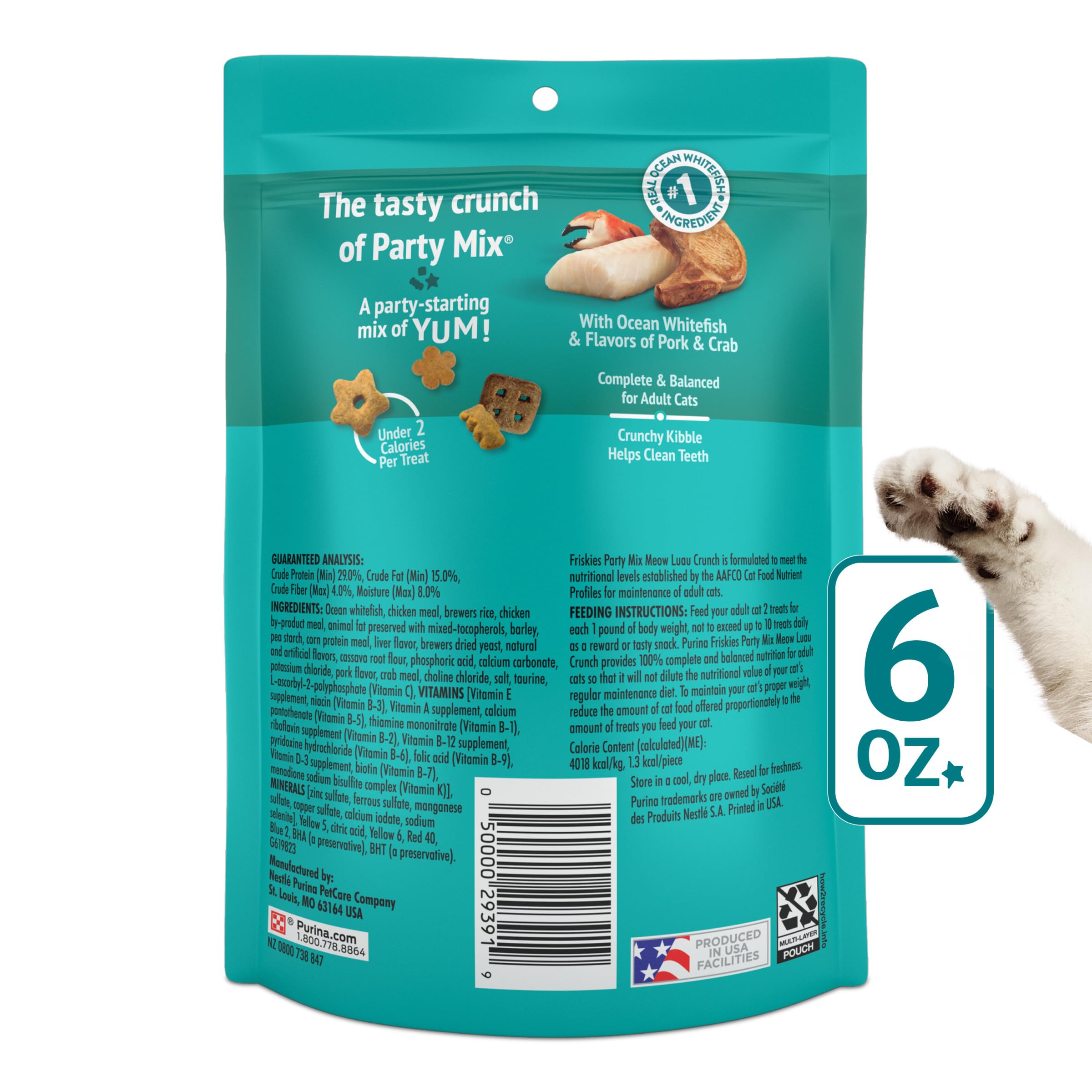 Friandises Friskies Party Mix Meow Luau Crunch, sachet refermable pour conserver la fraîcheur.