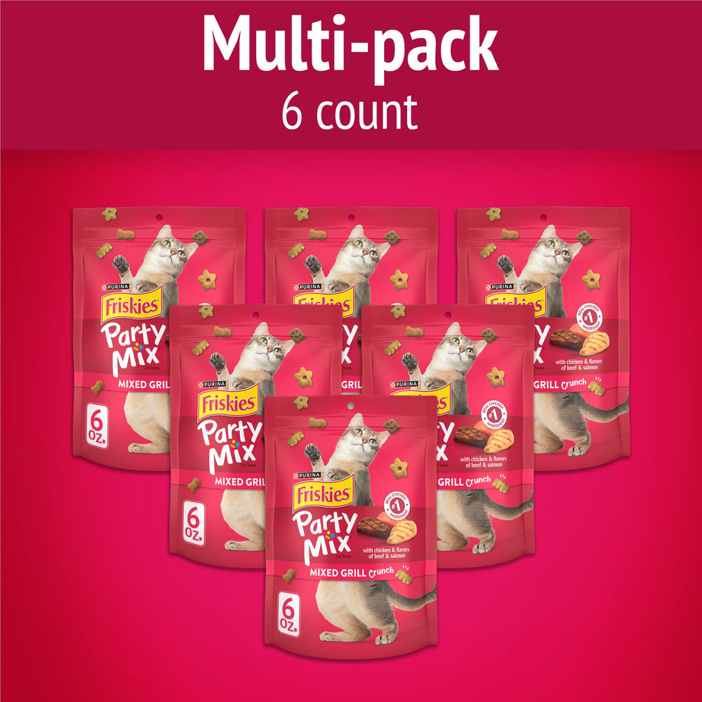Friskies Party Mix boeuf et saumon, saveurs variées pour chats.