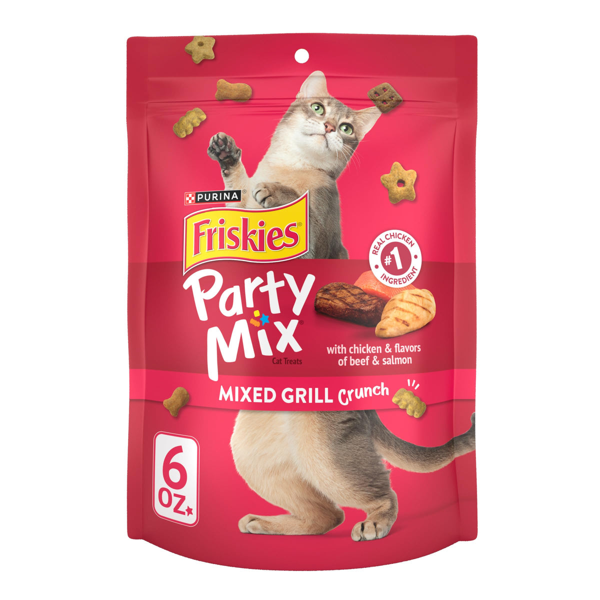 Friskies Party Mix poulet croquant, récompense idéale pour votre chat.