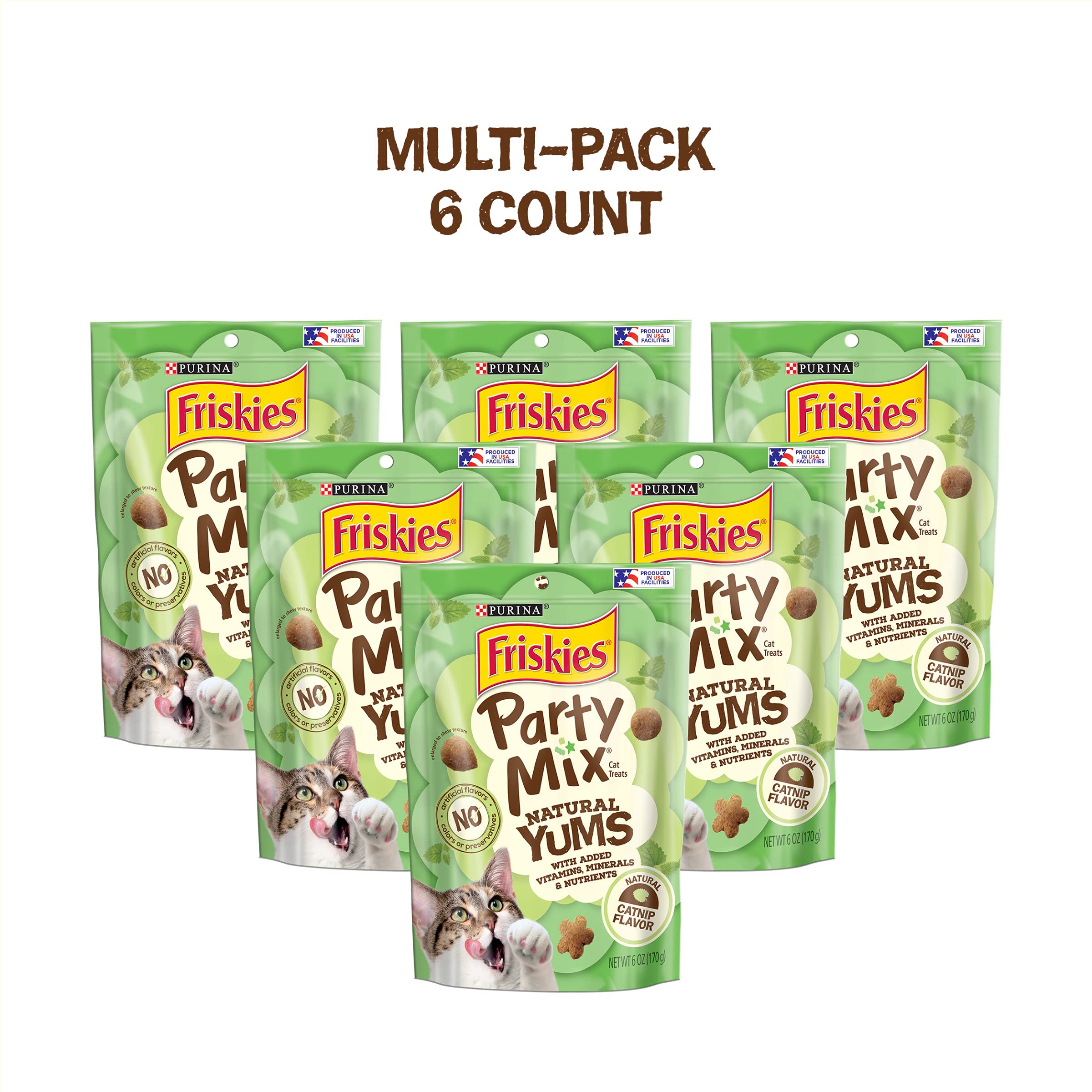 Friskies Party Mix Natural Yums, gros plan sur herbe à chat, plaisir aromatique.