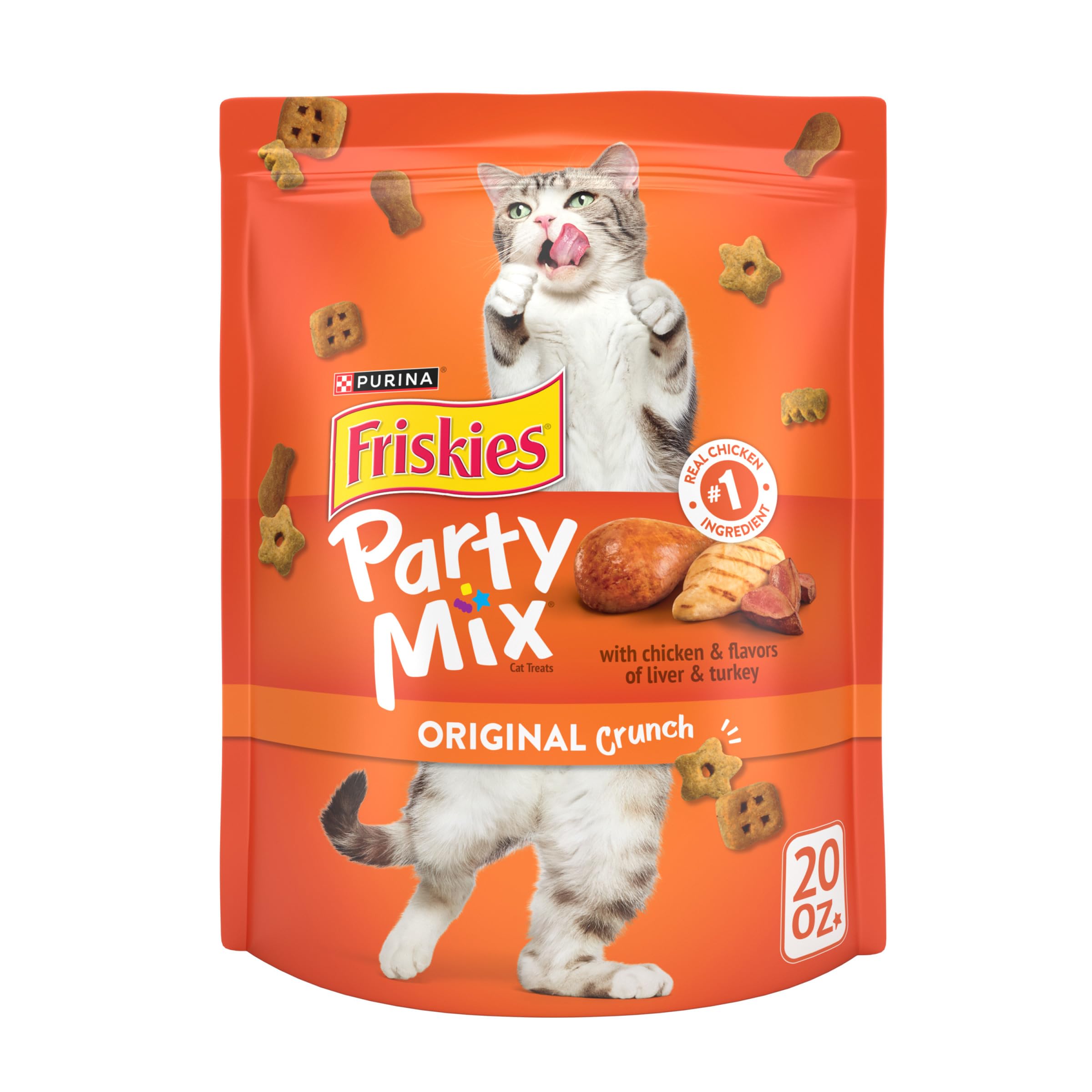 Friskies Party Mix Original Crunch poulet réel, récompense gourmande pour chat.