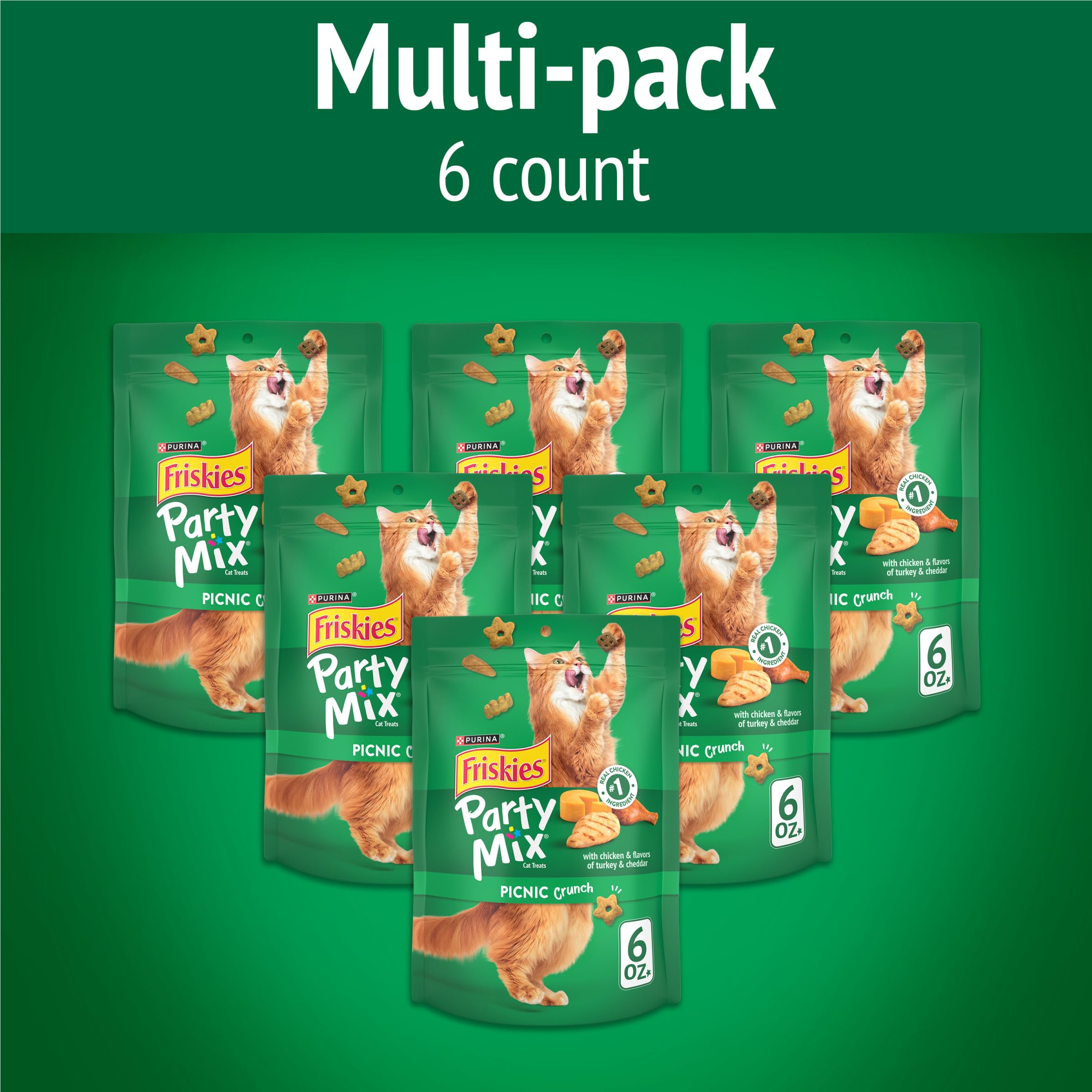 Poulet réel en ingrédient numéro un dans Purina Friskies Party Mix Picnic Crunch.