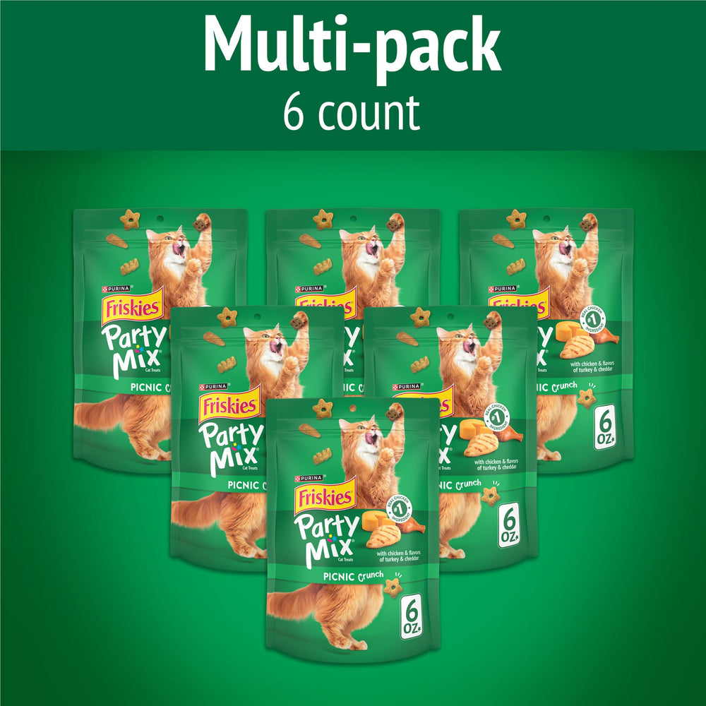 Poulet réel en ingrédient numéro un dans Purina Friskies Party Mix Picnic Crunch.