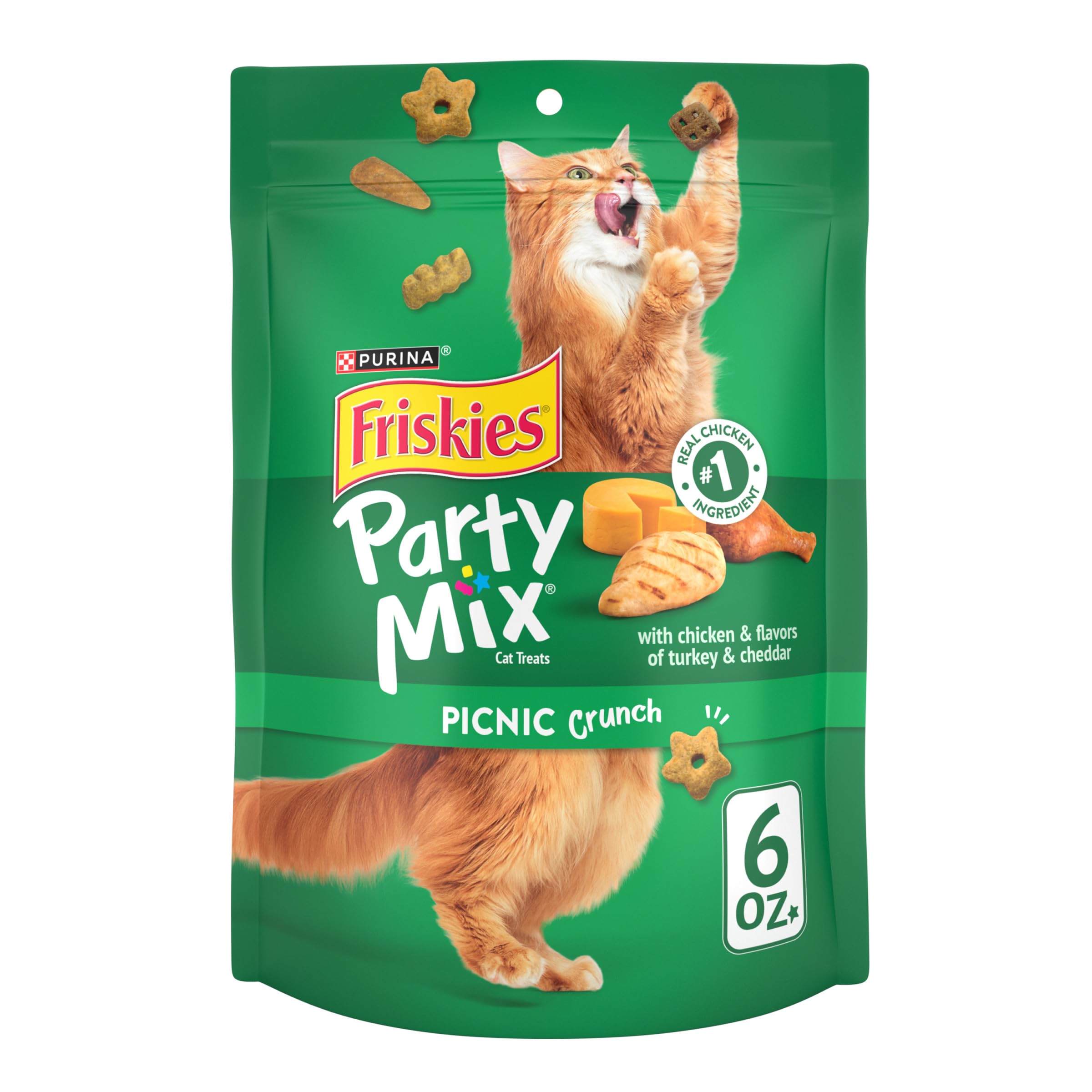 Purina Friskies Party Mix Picnic Crunch dans un sachet refermable, fraîcheur préservée.