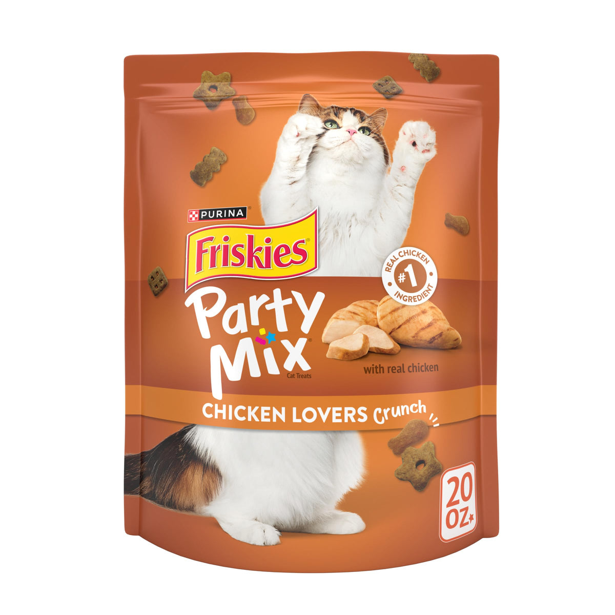 Friskies Party Mix: poulet croustillant dans une sachet refermable, idéal pour récompenser votre chat.