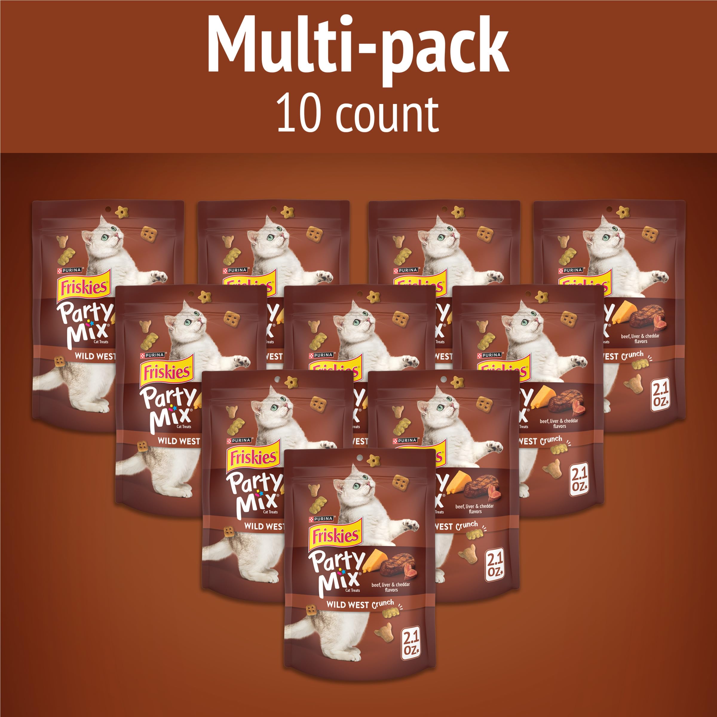 Friskies Purina Party Mix Wild West Crunch — morceaux petits dentaires faciles à mâcher pour chats.