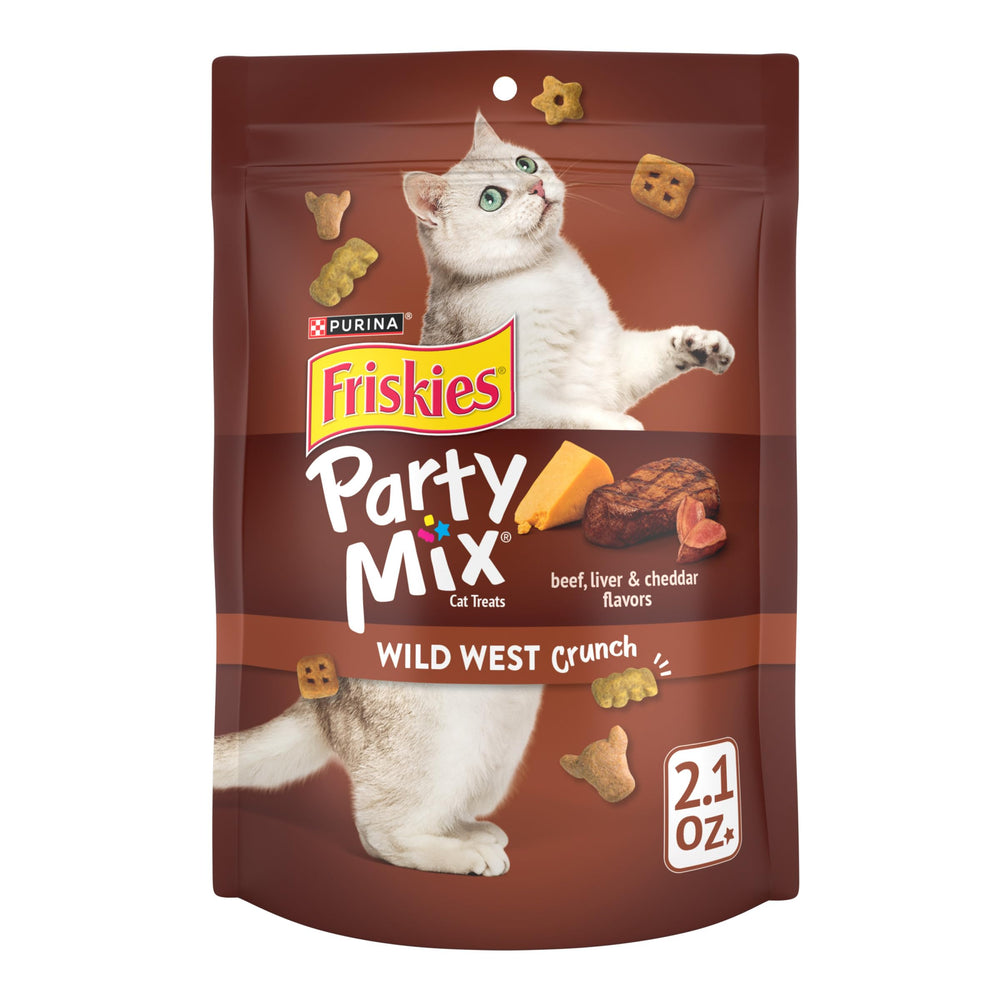 Friskies Purina Party Mix Wild West Crunch — bouchées tri-saveurs Boeuf-Foie-Cheddar, récompense savoureuse.