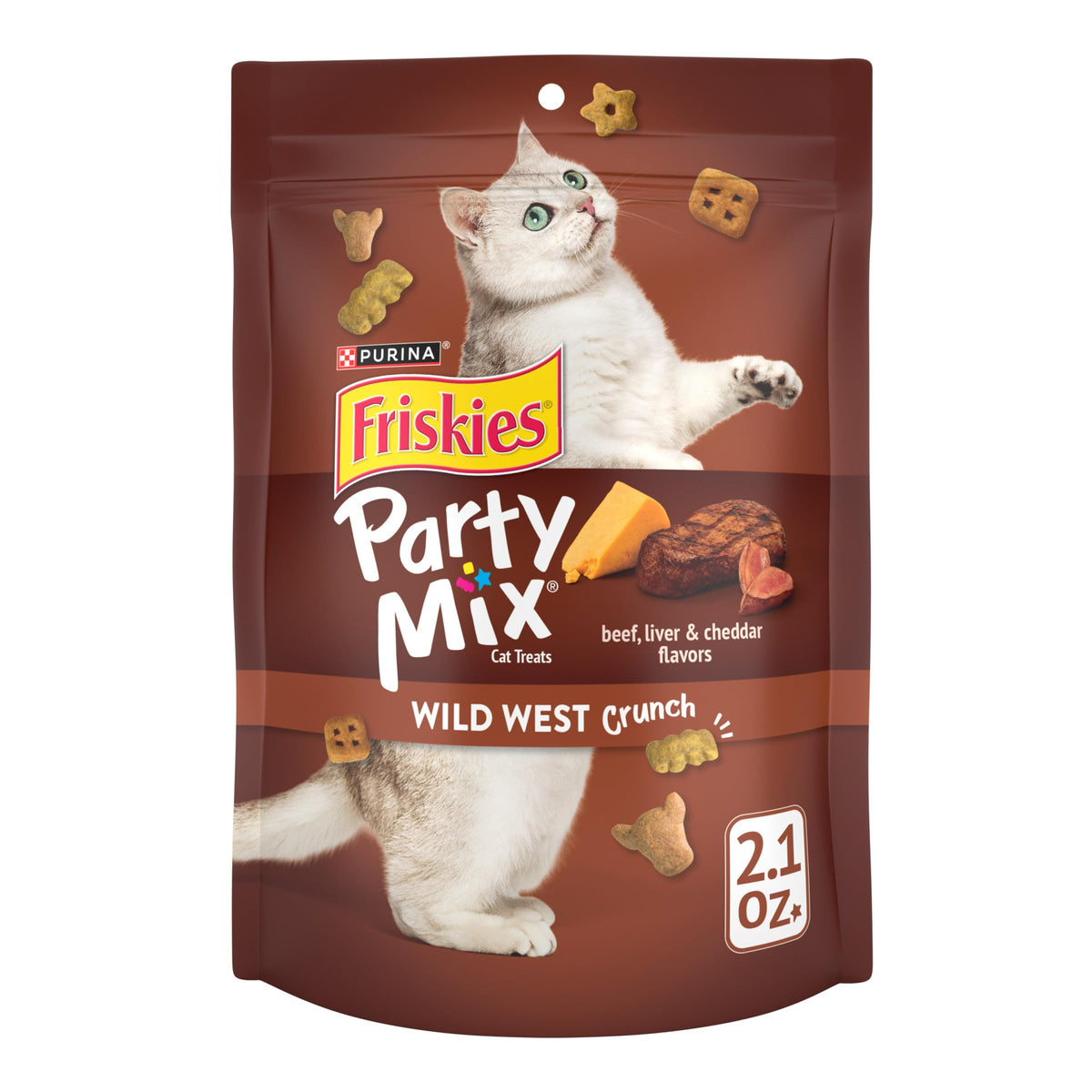 Friskies Purina Party Mix Wild West Crunch — bouchées tri-saveurs Boeuf-Foie-Cheddar, récompense savoureuse.