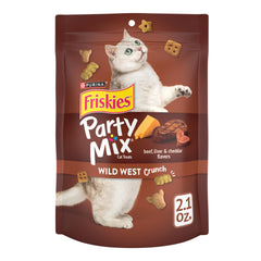 Friskies Purina Party Mix Wild West Crunch — bouchées tri-saveurs Boeuf-Foie-Cheddar, récompense savoureuse.