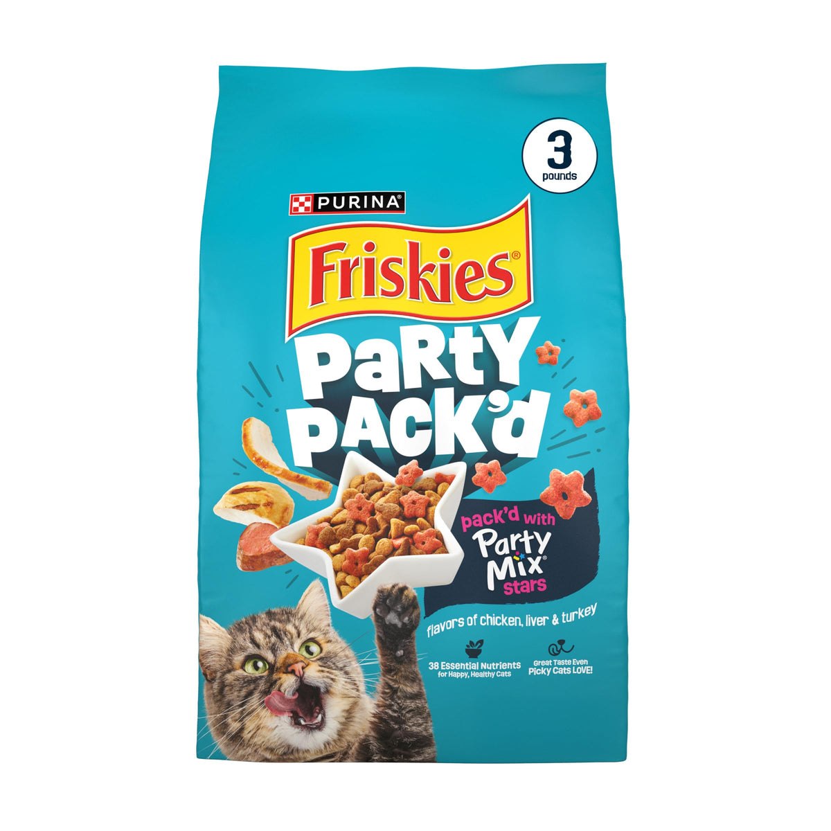 Friskies Party Pack’d : croquant poulet pour chats, goût irrésistible et texture plaisante.
