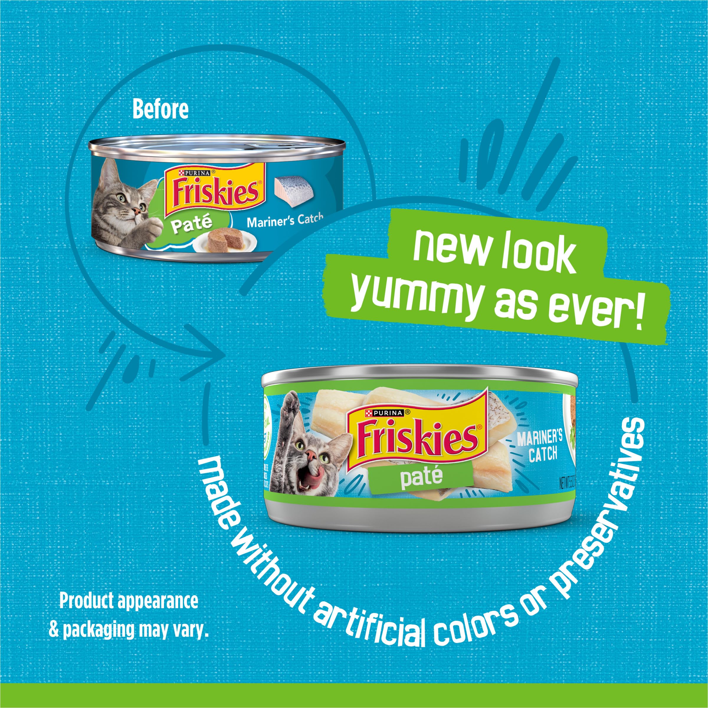 Friskies Mariner’s Catch pâté chat, assiette prête à servir pour un repas gourmand.
