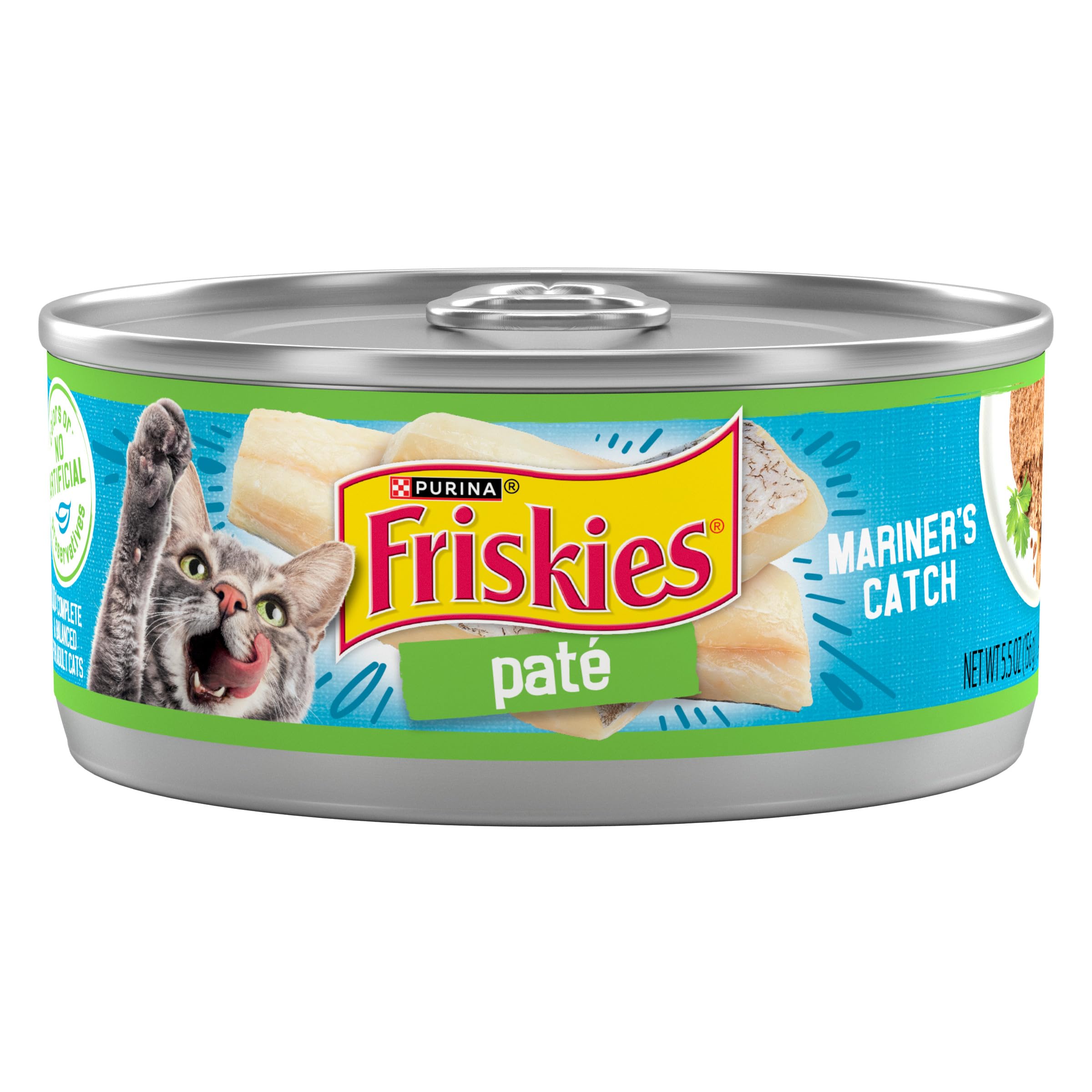 Friskies Mariner’s Catch pâté en conserve, saveur mer qui stimule l'appétit félin.