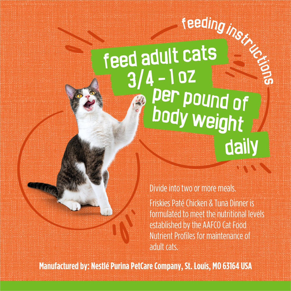 Pâté Friskies poulet et thon, goût attrayant pour chats gourmands.