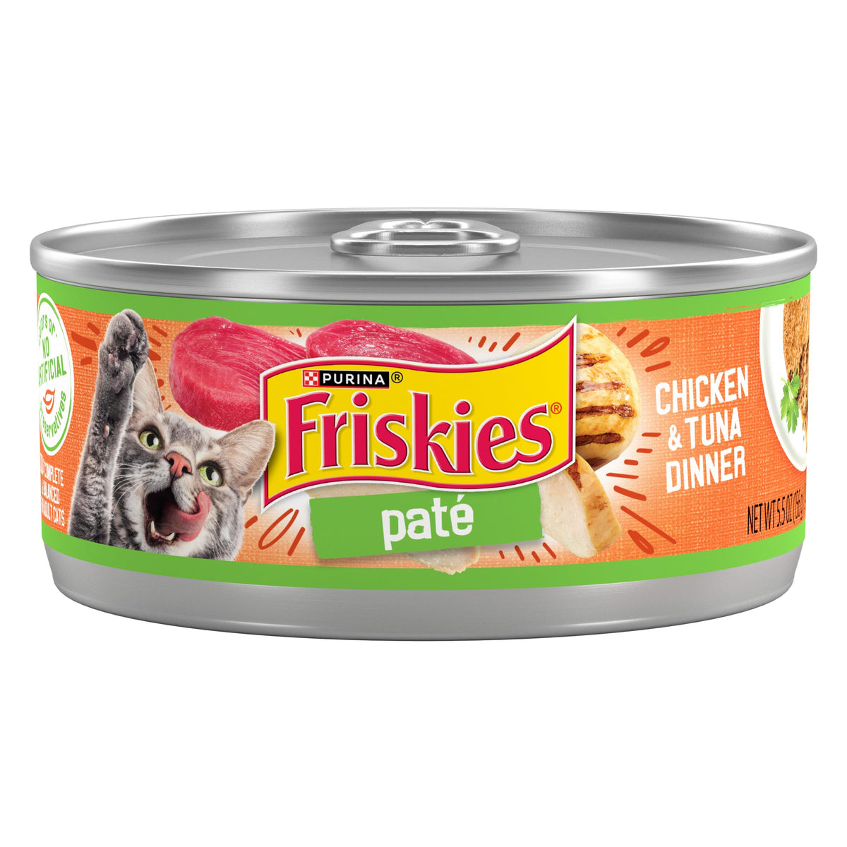 Purina Friskies pâté chat poulet et thon, texture facile à mâcher pour tous les âges.