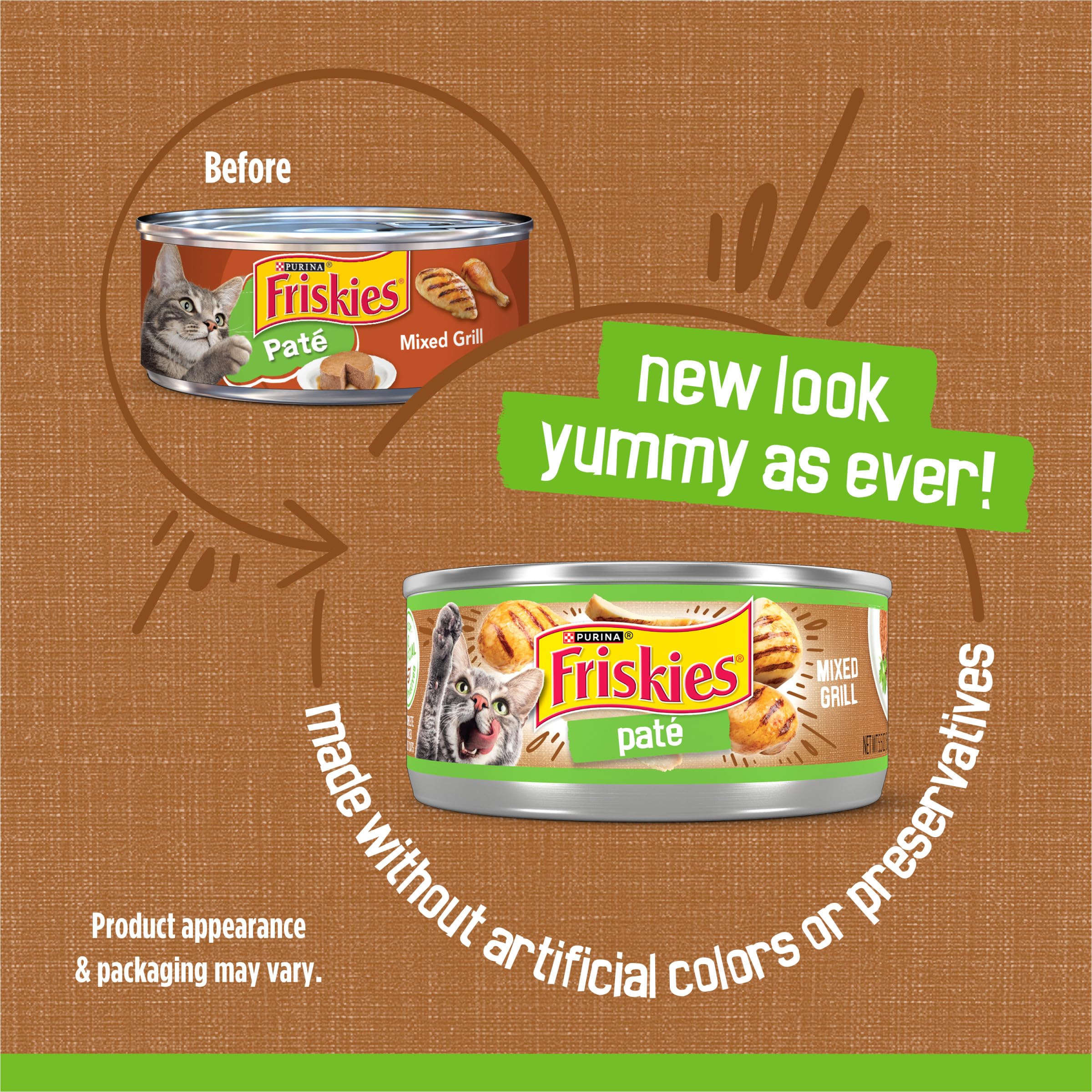Purina Friskies Pâté Mixed Grill, morceaux poulet et foie pour chat gourmand.