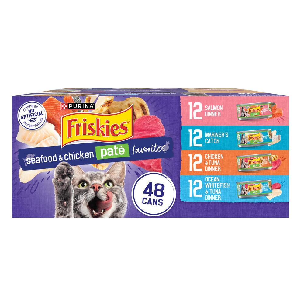 Friskies Pâté Poisson et Poulet, variété en boîte, texture onctueuse pour stimuler l'appétit.