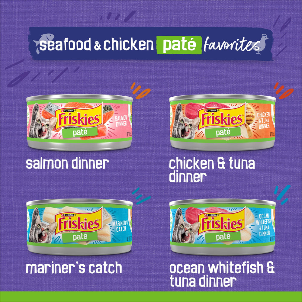 Friskies Pâté Poisson et Poulet, assortiment, pratique pour varier les repas quotidiens.