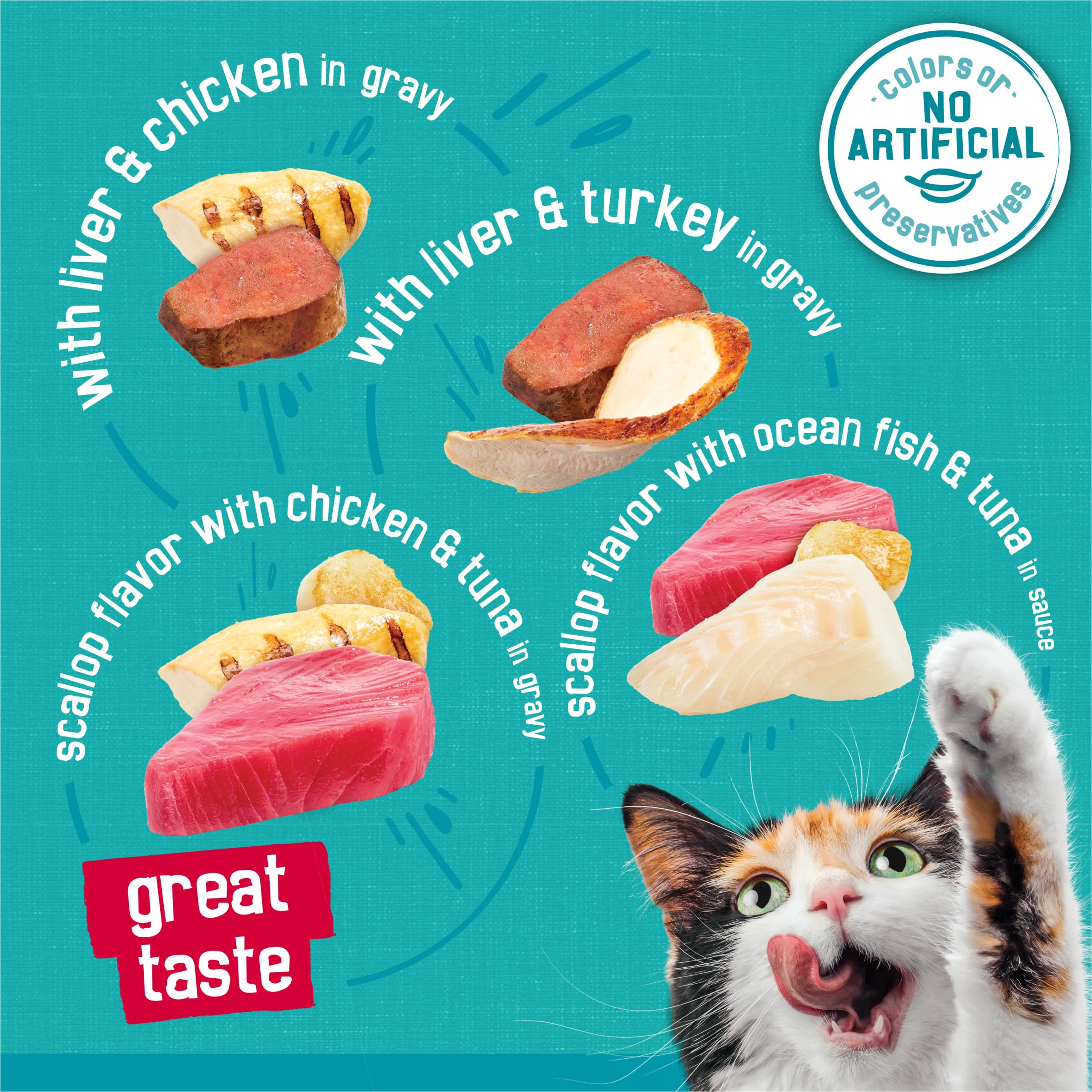 Friskies Poisson des mers et Thon avec sauce, goût maritime et appétence élevée.