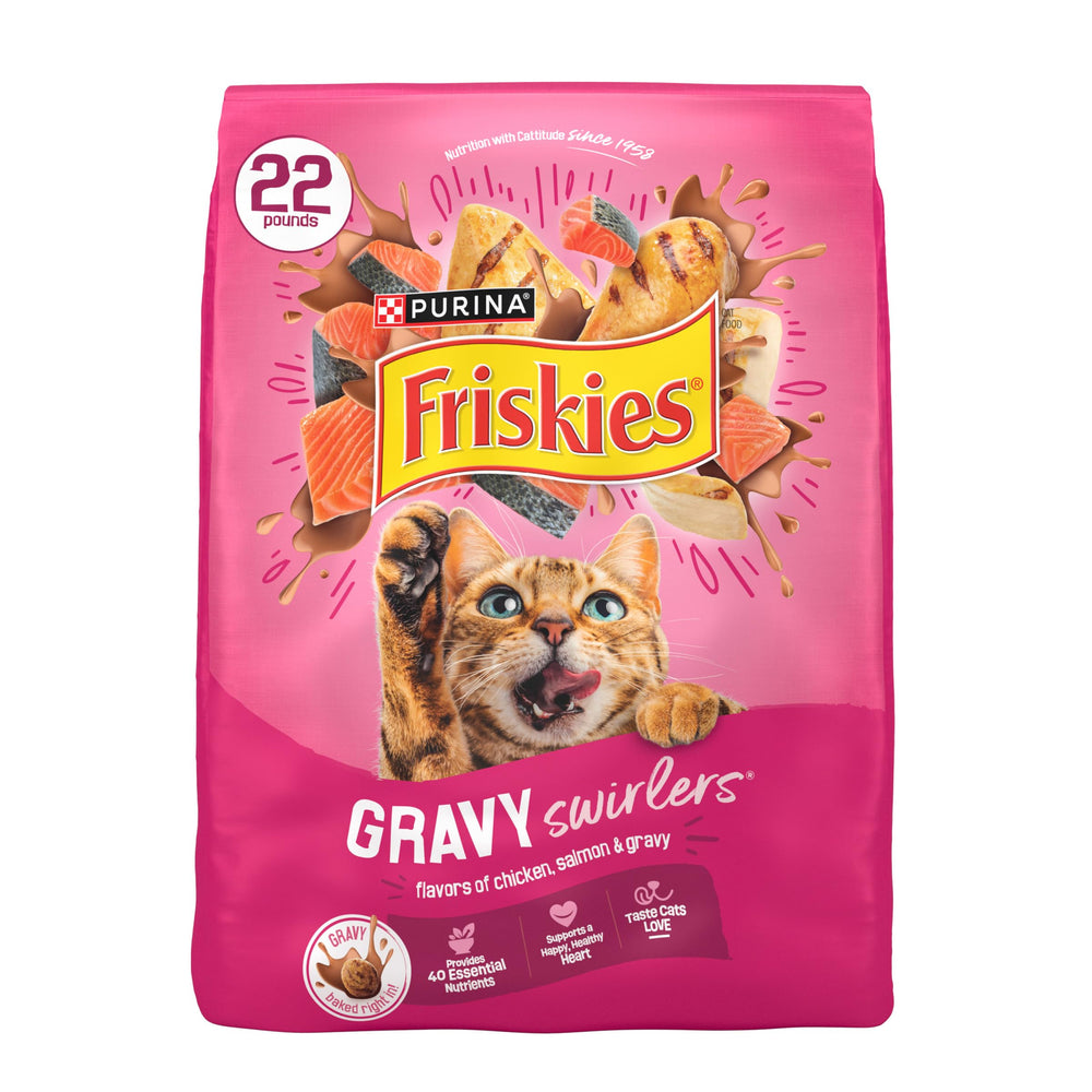 Friskies poulet-saumon avec sauce tourbillonnante dans le bol, pour stimuler l'appétit.