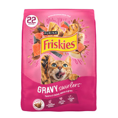 Friskies poulet-saumon avec sauce tourbillonnante dans le bol, pour stimuler l'appétit.