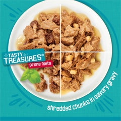 Friskies Poulet avec sauce, bouchées tendres adaptées aux chats adultes.