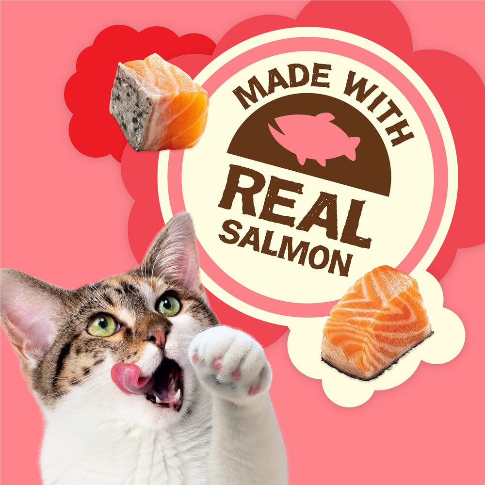 Étiquette Friskies affirmant le saumon comme ingrédient vedette et nutriments ajoutés.