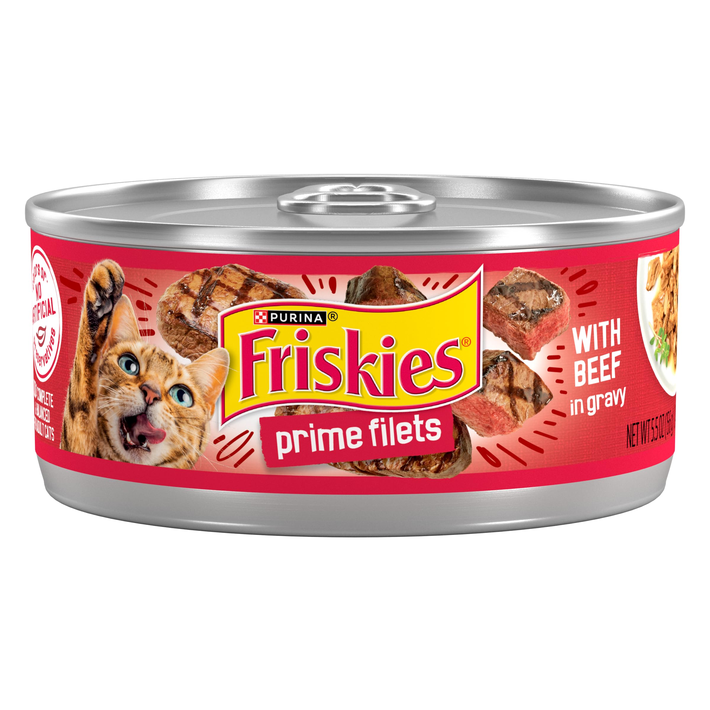 Friskies Prime Filets au bœuf en sauce, boîtes-conserve appétissantes pour chats.