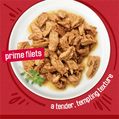 Friskies Prime Filets au bœuf en sauce, texture en morceaux idéale pour mâcher.