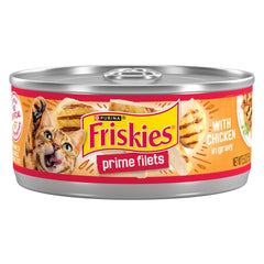 Friskies Prime Filets poulet en sauce — boîte 156 g, goût appétissant pour chats adultes.