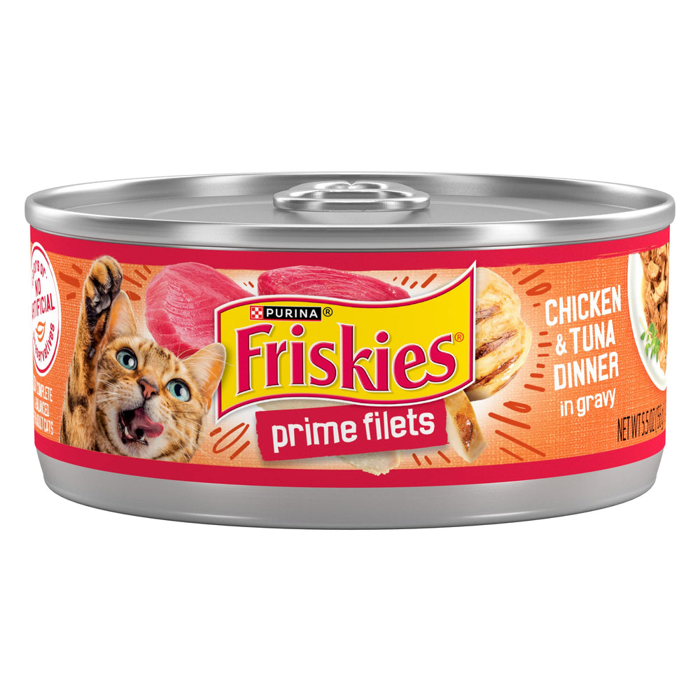 Friskies Prime Filets poulet et thon, boîtes 24, repas pratique pour chat adulte.