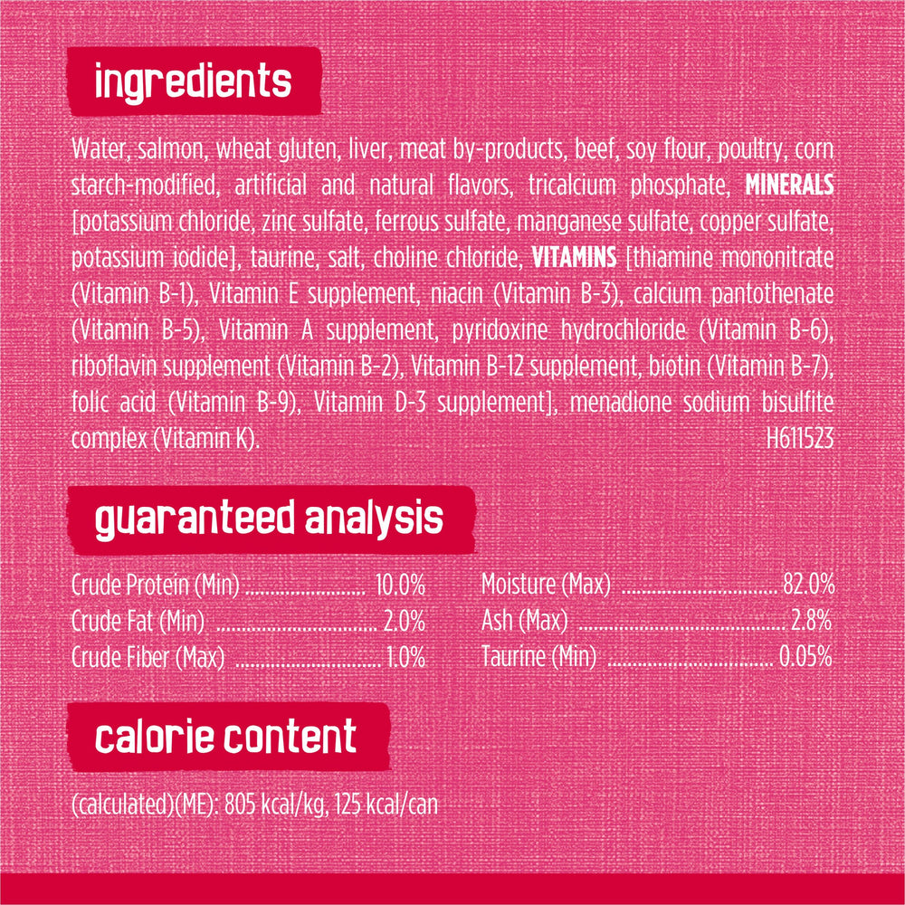Friskies Prime Filets: mélange saumon et boeuf pour variété de goût.