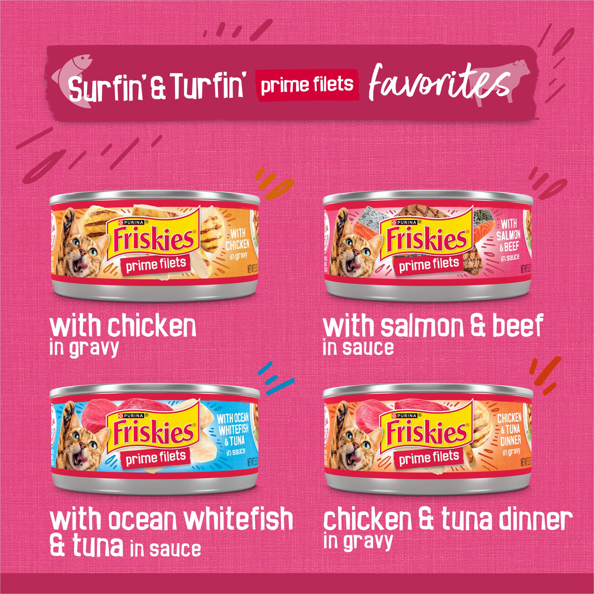 Conserve Friskies Prime Filets avec sauce savoureuse, repas facile à servir.