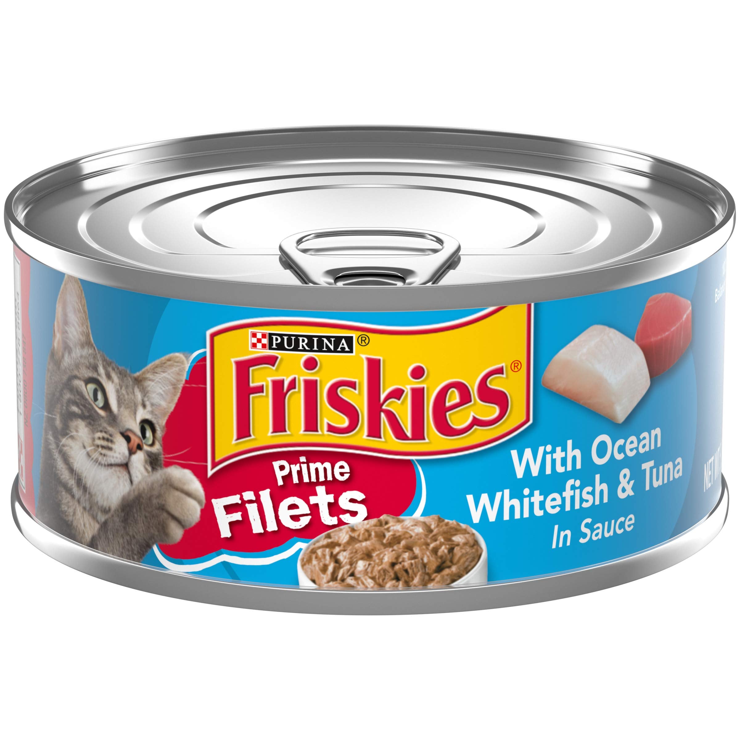 Friskies Prime Filets: thon et poisson blanc en sauce, repas riche en protéines pour chats.