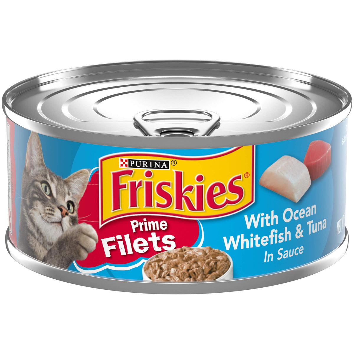 Friskies Prime Filets: thon et poisson blanc en sauce, repas riche en protéines pour chats.