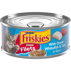Friskies Prime Filets: thon et poisson blanc en sauce, repas riche en protéines pour chats.