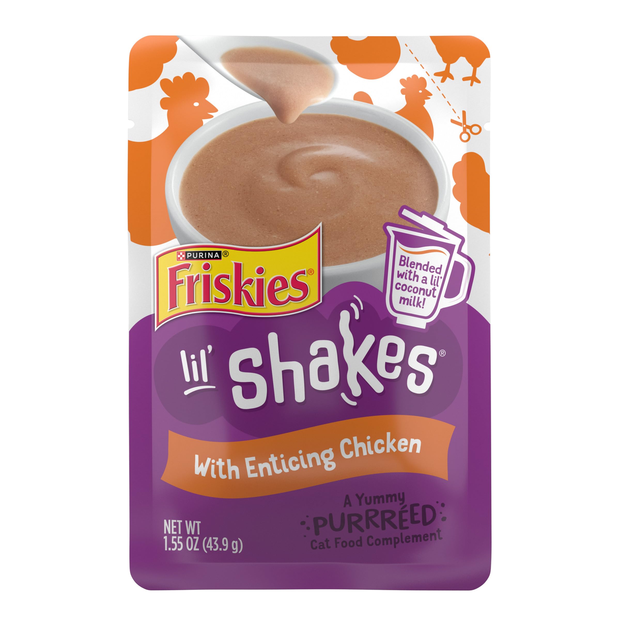 Friskies Lil’ Shakes purée au poulet, sachet pratique pour varier les repas.