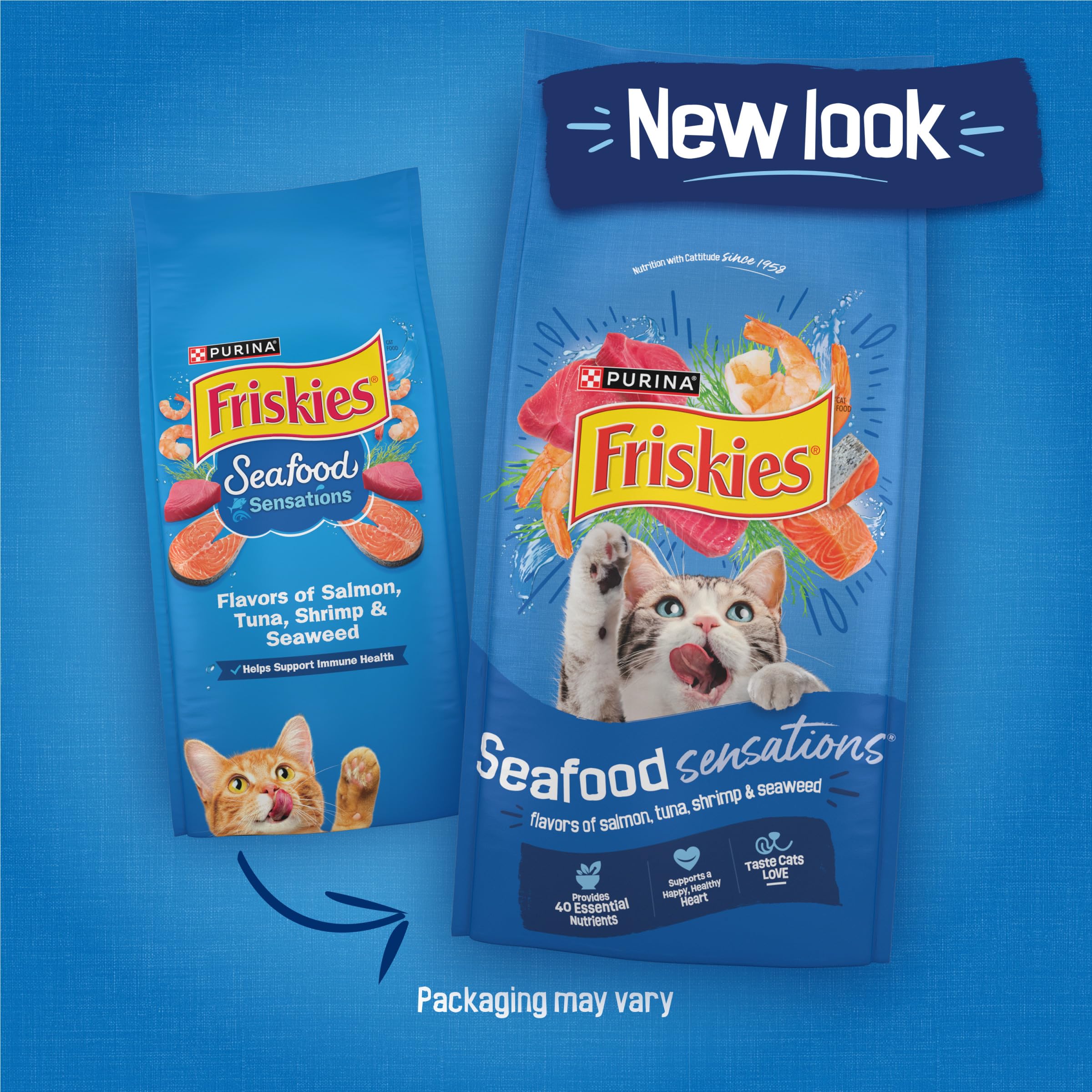 Friskies Purina croquettes au thon, stimulant l'appétit et nourrissant les muscles.