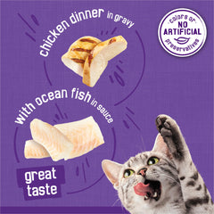 Purina Friskies sauce nappante nutritive pour bébés minis chats adultes.