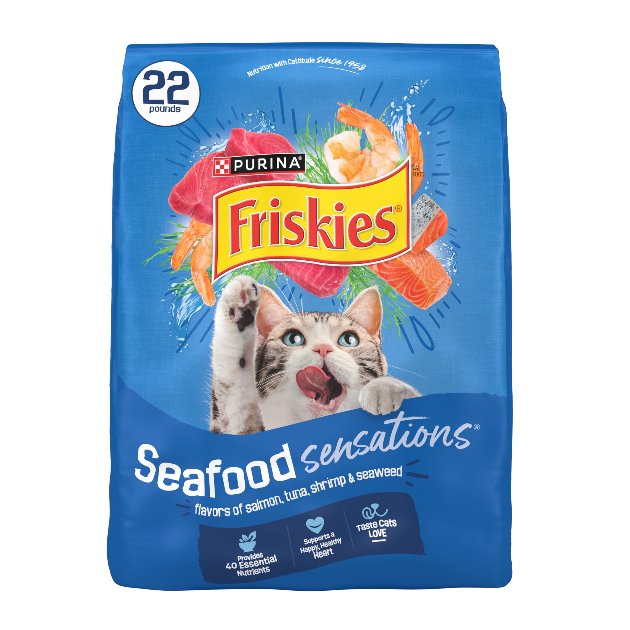 Friskies Saveurs Fruits de Mer dans un bol, saumon et crevettes, ravit le palais du chat.