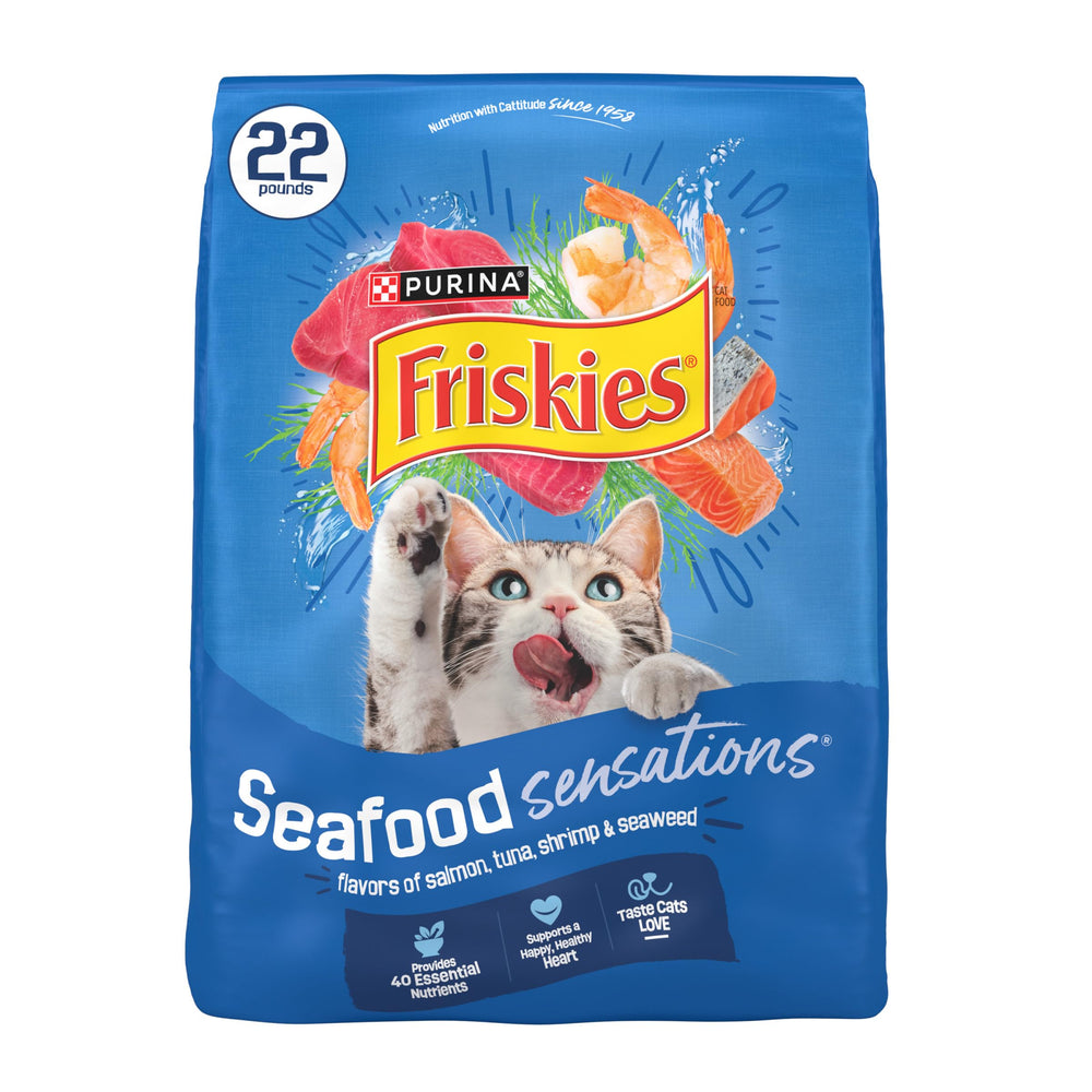 Friskies Saveurs Fruits de Mer dans un bol, saumon et crevettes, ravit le palais du chat.