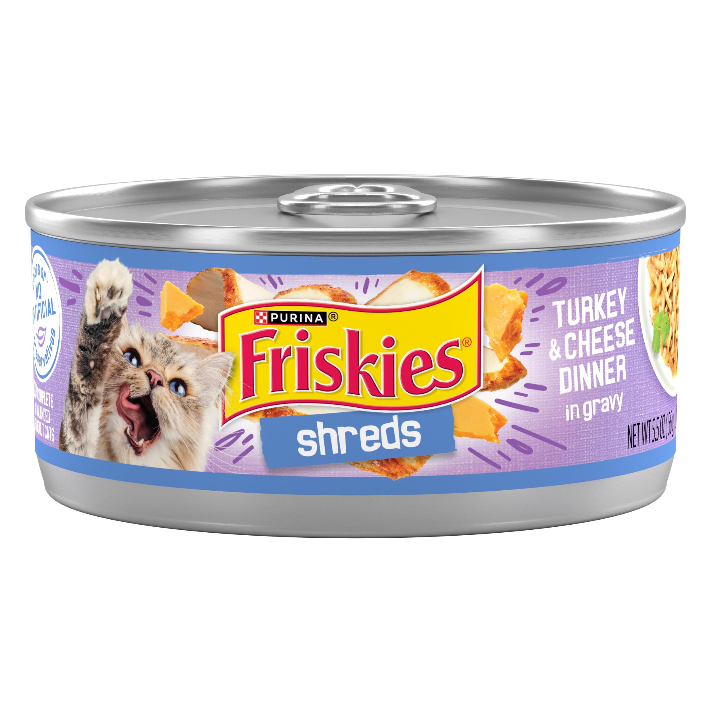 Friskies Shreds Dinde et Fromage en Gravy, boîte prête, repas appétissant pour chat adulte.