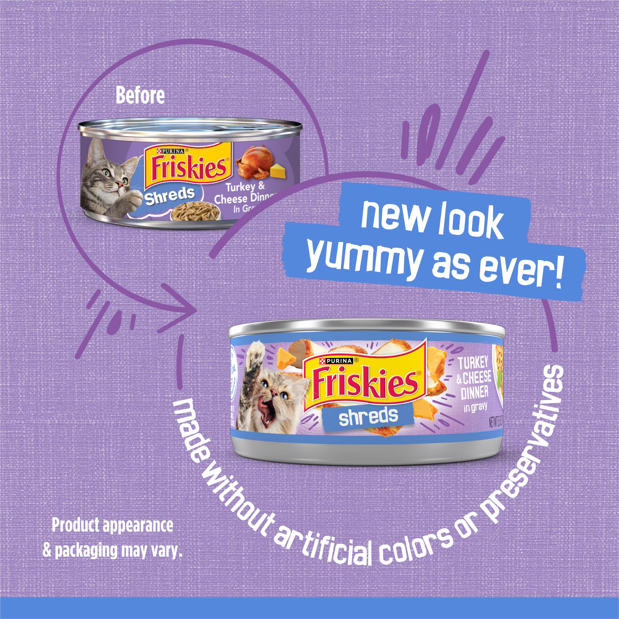 Friskies Shreds Dinde en Gravy avec morceaux tendres, parfait pour stimuler l'appétit.